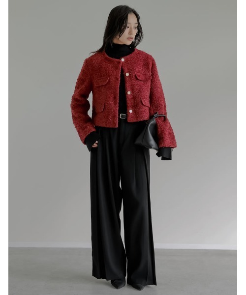 セール】[入卒式 セレモニー]ボアリボン金釦ノーカラーツイード