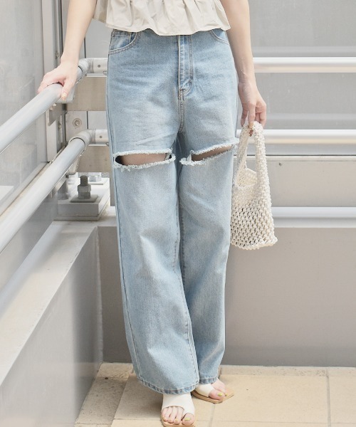 カットダメージデニム／knee cut damege denim ロング丈 ジーンズ