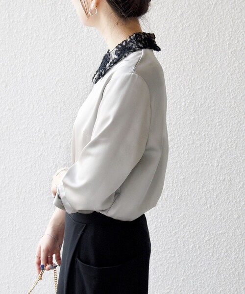 SHIPS any:〈洗濯機可能〉サテン レースカラー ブラウス（シャツ