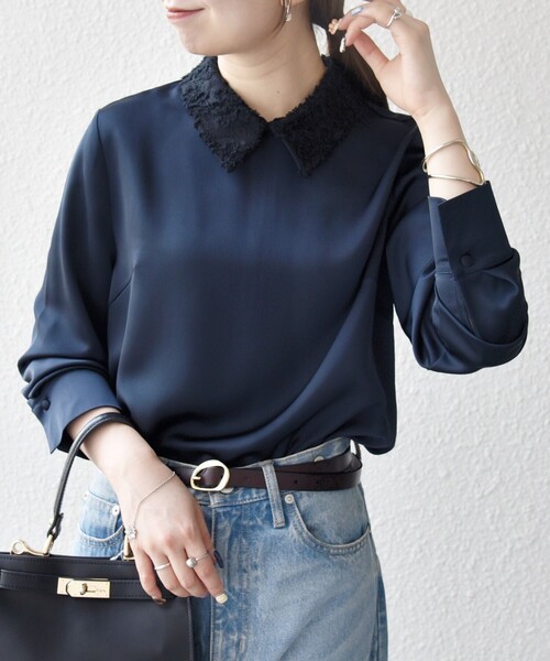 SHIPS any:〈洗濯機可能〉サテン レースカラー ブラウス（シャツ