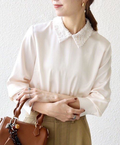 SHIPS any:〈洗濯機可能〉サテン レースカラー ブラウス（シャツ