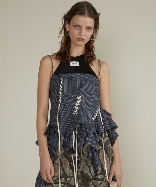 ラッフルレースアップストライプトップス / Ruffle Lace-Up Stripe Top