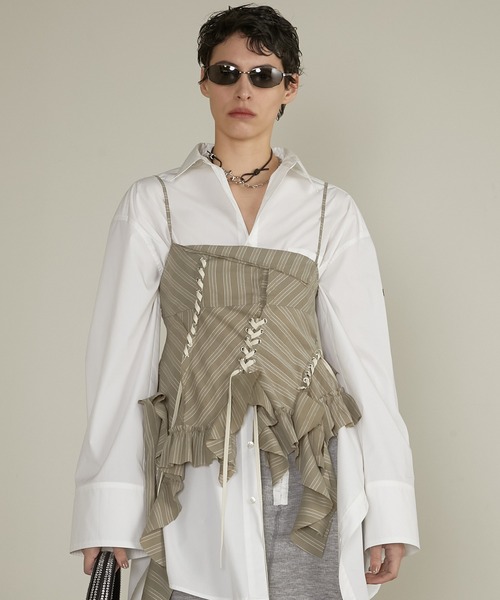 ラッフルレースアップストライプトップス / Ruffle Lace-Up Stripe Top