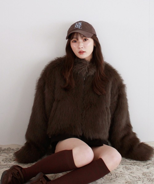 ミックスファーショートコート / ダブルジップ スタンドカラー