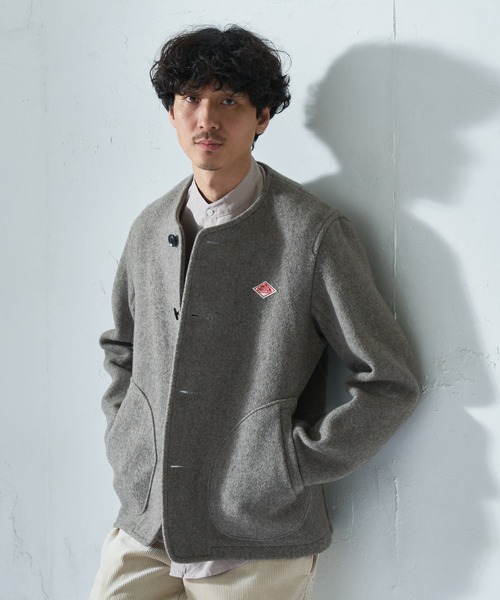 現行 ダントン ウールモッサ カラーレス ジャケット ノーカラー グレー