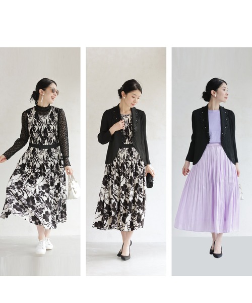 黒）アコーディオンプリーツカーディガンと花柄ワンピースの2点セット