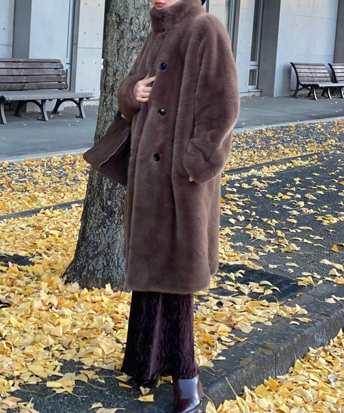 stand collar fur coat /スタンドカラーボタンファーミドルコート