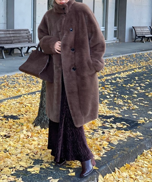 stand collar fur coat /スタンドカラーボタンファーミドルコート
