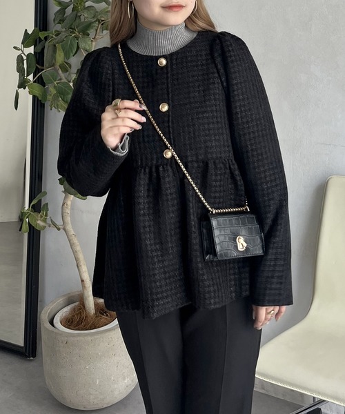 セール】パフスリーブツイードペプラムジャケット（ノーカラー