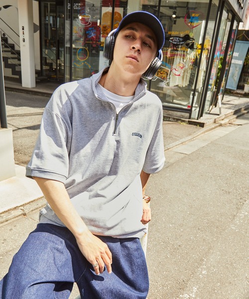 CODDERR】ロゴ刺繍 ハーフジップ ビッグシルエット裏毛半袖プル