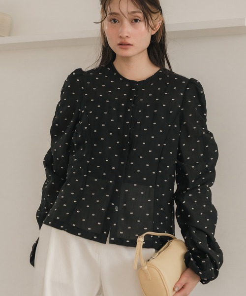 original】ドットシャーリング長袖ブラウス / シアートップス 水玉