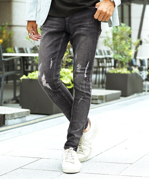 セール】ストレッチダメージジーンズ クラッシュ スキニーデニムパンツ