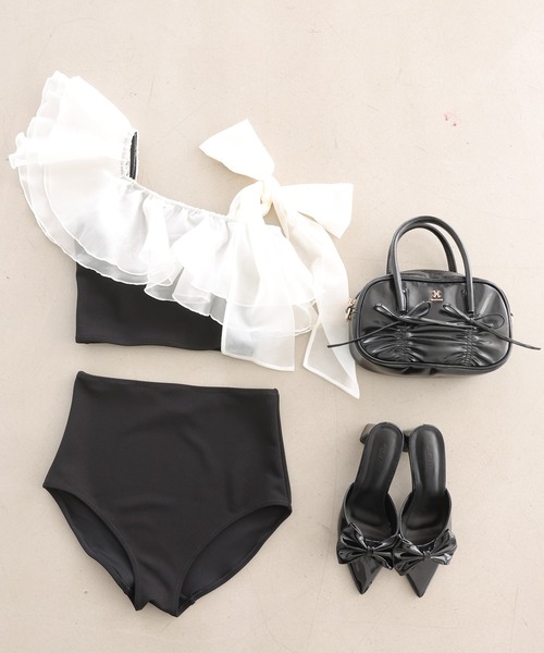 swimwear/肩リボンワンショルダー/3点セット（水着）｜one after