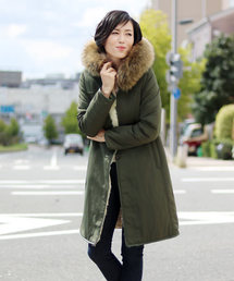 レディースのモッズコート（グリーン・カーキ/緑色系・リアルファー