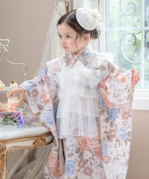 セール】チュールフリルエプロン＆着物ワンピースセット（着物