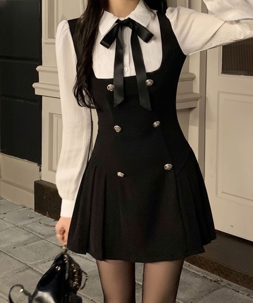 リボン付き フェイクレイヤード ミニワンピース / 韓国 ガーリー