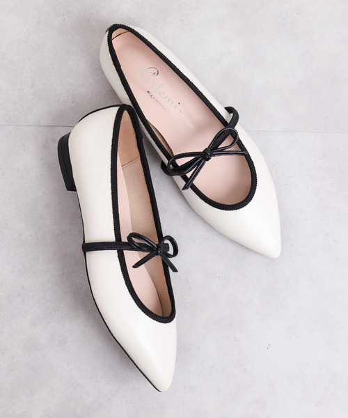 ポインテッドトゥ 甲リボンメリージェーンフラットシューズ（バレエ