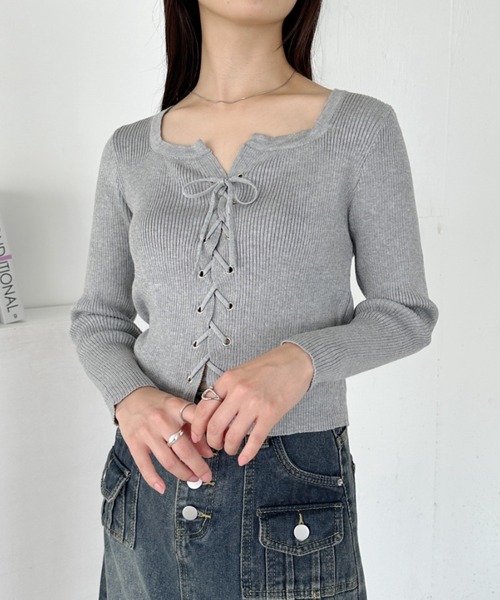 セール】レースアップ長袖ニットトップス（Tシャツ/カットソー）｜CLEA