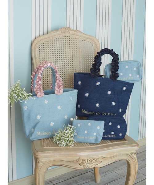 インディゴハート柄デニム♡刺繍のショルダーバッグ♡フリルリボン猫