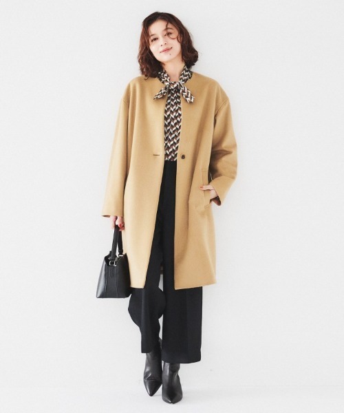 ゆったり/軽やか】カシミヤ混ノーカラーコート（ノーカラーコート