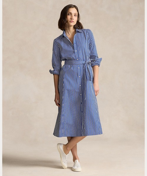 ベルテッド ストライプド コットン シャツドレス（シャツワンピース