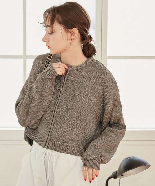 ANGIE（アンジー）の「ラメ ジップ クロップド丈 カーディガン