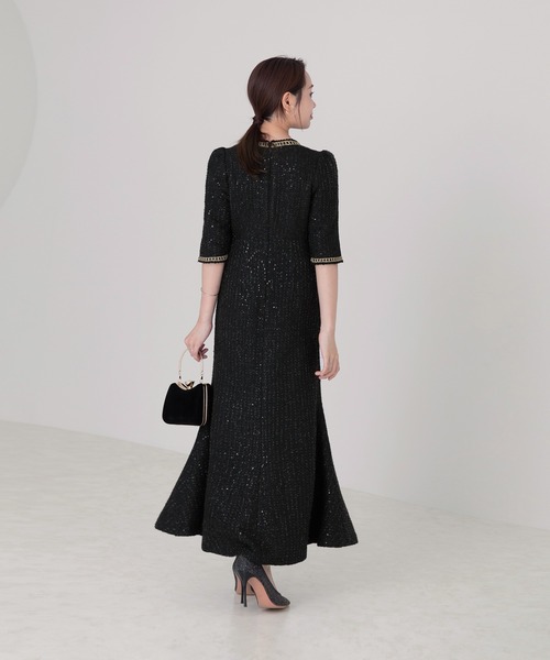 セール】【LEJA】ラメ混ツイードレザーパイピングパール釦スパンコール