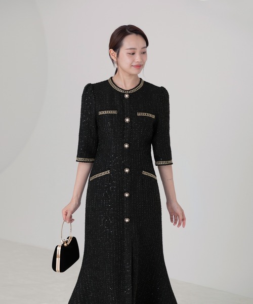 セール】【LEJA】ラメ混ツイードレザーパイピングパール釦スパンコール