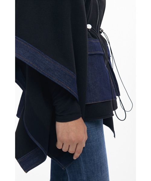 HOT】デニム×キルティング 調節ゴム ポケット付きポンチョ（ポンチョ