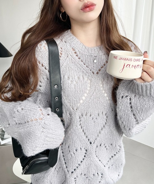 セール】ハート柄透かし編みモヘアニットプルオーバー（ニット