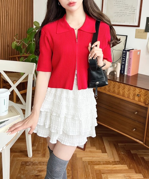 セール】Wジップ衿付き半袖ニットカーディガン（カーディガン/ボレロ