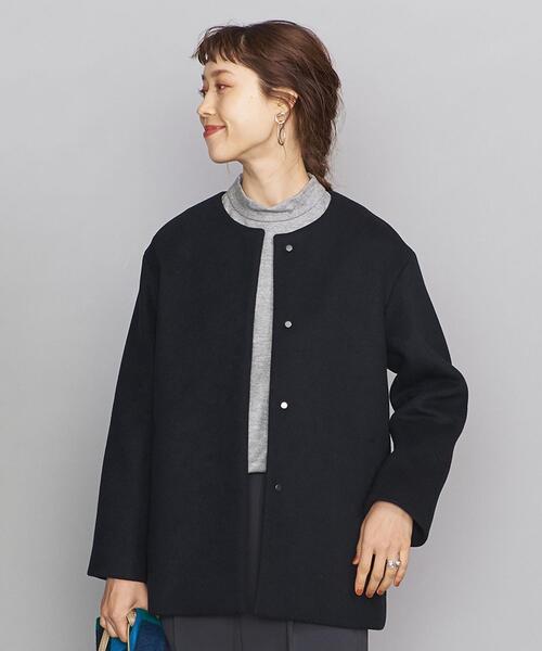 BEAUTY&YOUTH ビーバーノーカラーショートコート ナチュラル