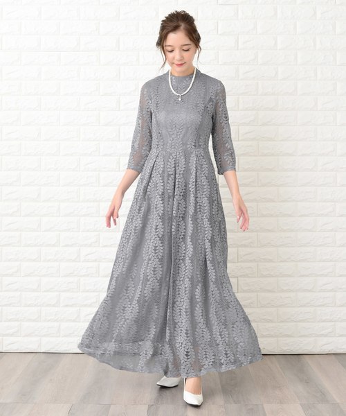 セール】ハイネック七分袖総レースフォーマルロングワンピース・ドレス