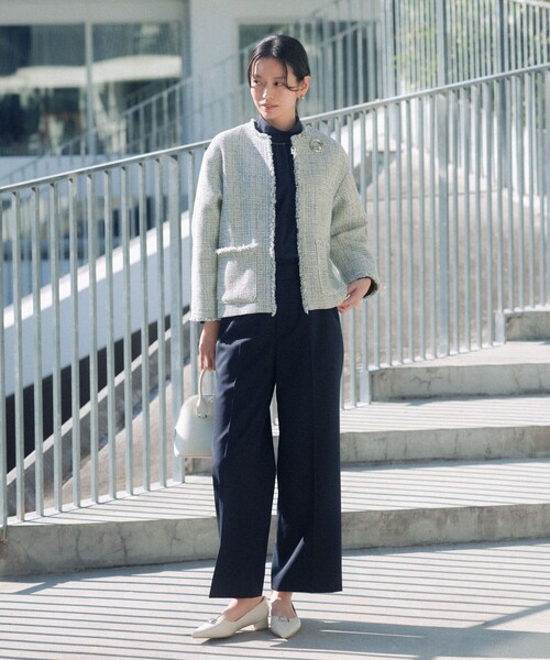 size SHORTあり］ミックス ツイードライク ポケット ノーカラー