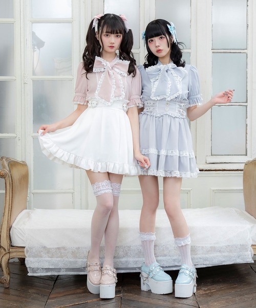 レースフリルたっぷり上品ボウタイリボンブラウス（シャツ/ブラウス