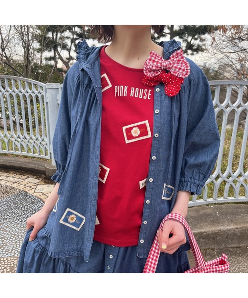 試着のみ】ピンクハウス 赤ダンガリー ひな菊ワッペン使い ブラウス