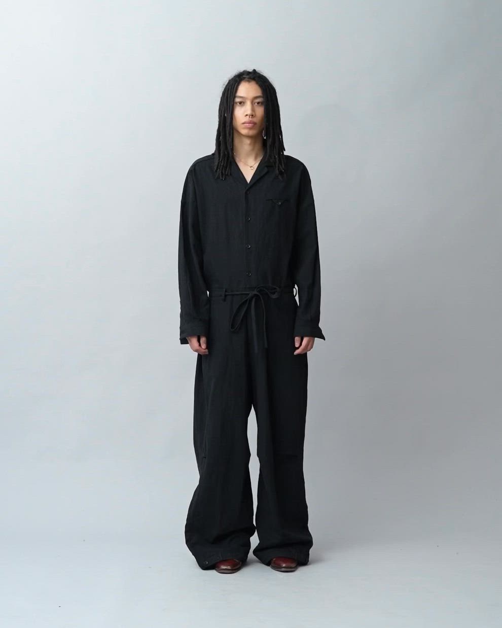 open collar cotton linen belted l/s jump suit / コットンリネン