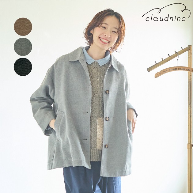 上品な温もり ヘリンボーン柄の上質衿付きショートコート タフタ裏地