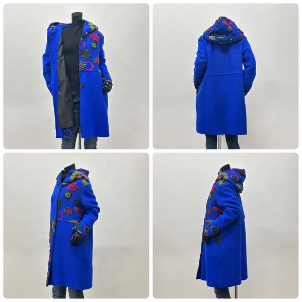 人気商品【イタリア製】パネルマルチ花柄圧縮ウールコート/フード襟