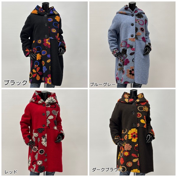 人気商品【イタリア製】パネルマルチ花柄圧縮ウールコート/フード襟