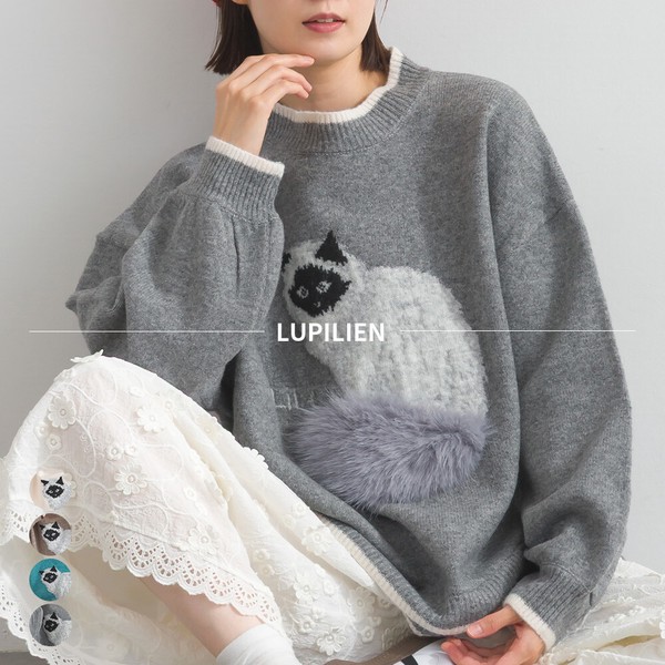 アニマルニットジャガード編み 猫ファー クロス配色 ニット プル