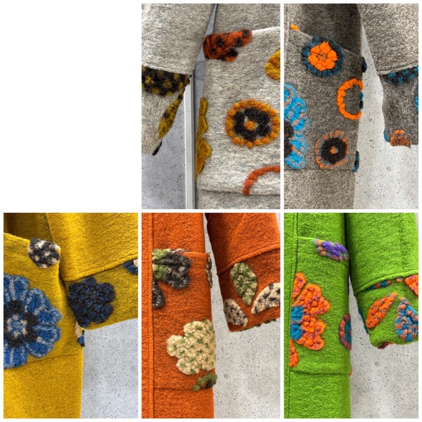 イタリア製】フード・ポケット・袖口 マルチ花柄圧縮ウールコート