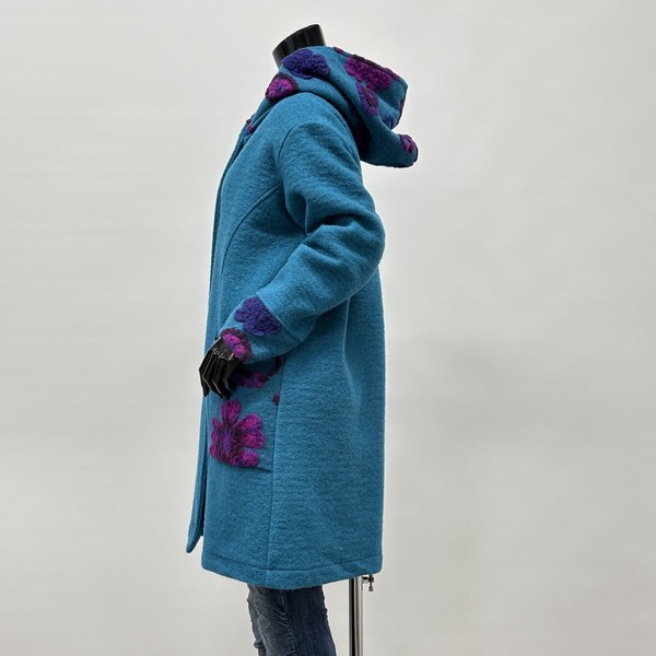 イタリア製】フード・ポケット・袖口 マルチ花柄圧縮ウールコート