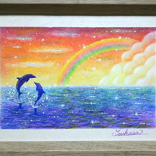 海とイルカのパステルアート 虹色の夕焼け パステル画原画 絵画 T's
