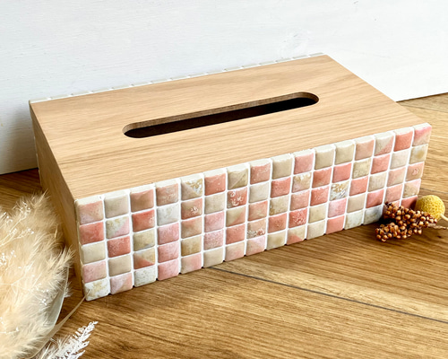 マーブル模様のティッシュケース フレンチピンク×ベージュ【両面貼り