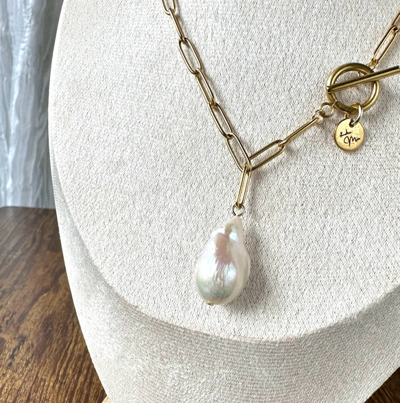 大粒淡水パール オイスター バロック サージカルステンレス ネックレス