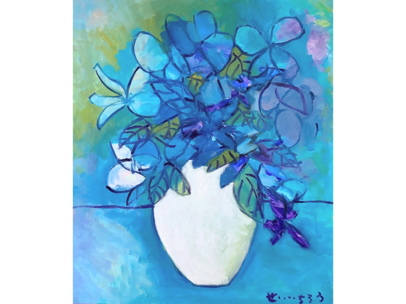 hydrangea】F10 絵画 油絵 キャンバス 青 ブルー 花 フラワー 花の絵