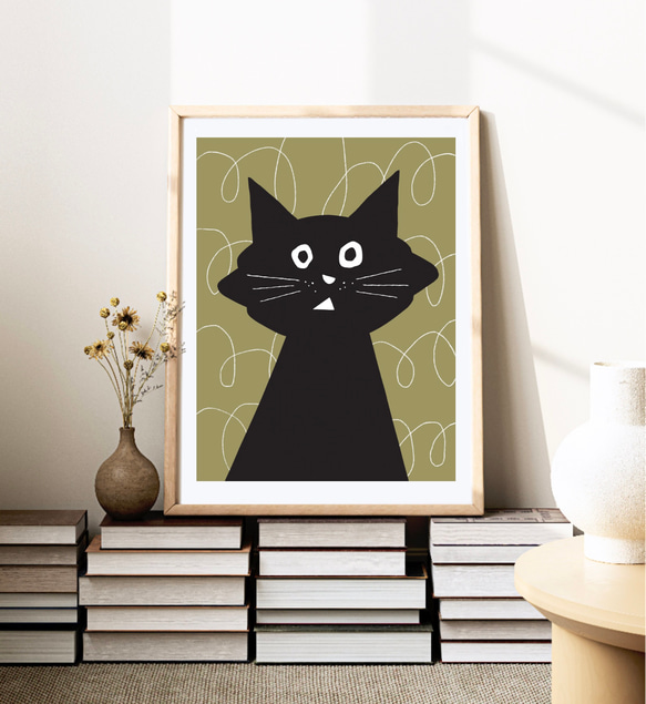 北欧 風 インテリア アート ポスター【 Kuroneko 】オリーブブラウン