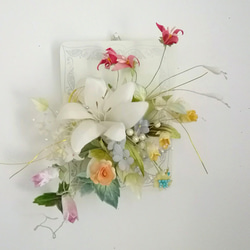 染め布花＊アンティークな百合の壁掛け・フレーム 海外不可 アート