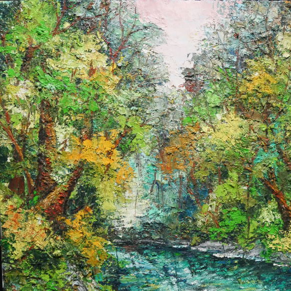 油絵 油彩 油彩画 絵 絵画 【新緑の渓流】 絵画 HR 通販 12680954
